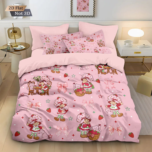 3pcs Pink Strawberry Girl Printed Down Duvet Cover Set, Multi Size Bedroom Bedding Decoration, Machine Washable