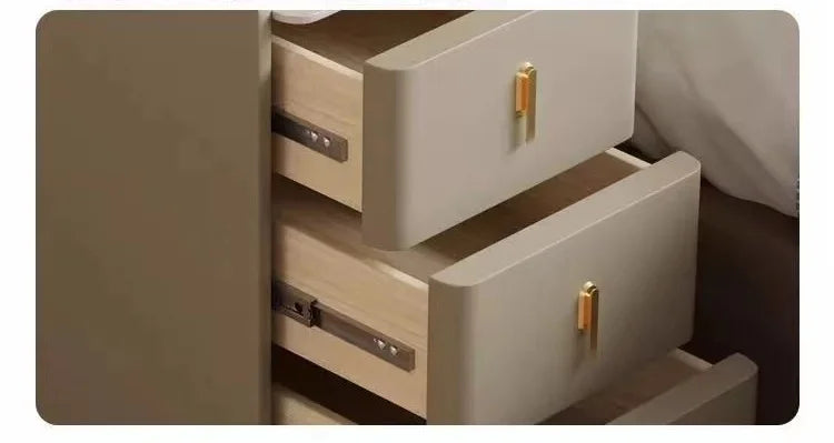 Smart Bedside Table, Solid Wood with Faux Leather Features 3 drawers, wireless charging, and side storage. Stylish and functional nightstand for modern bedrooms.