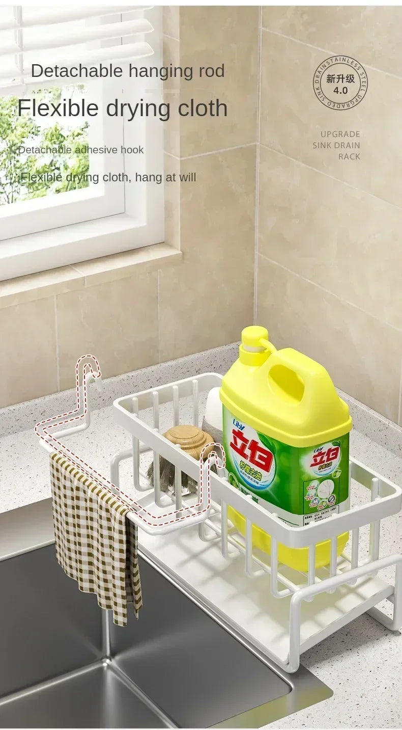 Space Saving Kitchen Sink Dish Rack Sponge Holder Water Drain Basket Countertop Storage Organizer for Cleaning Supplies