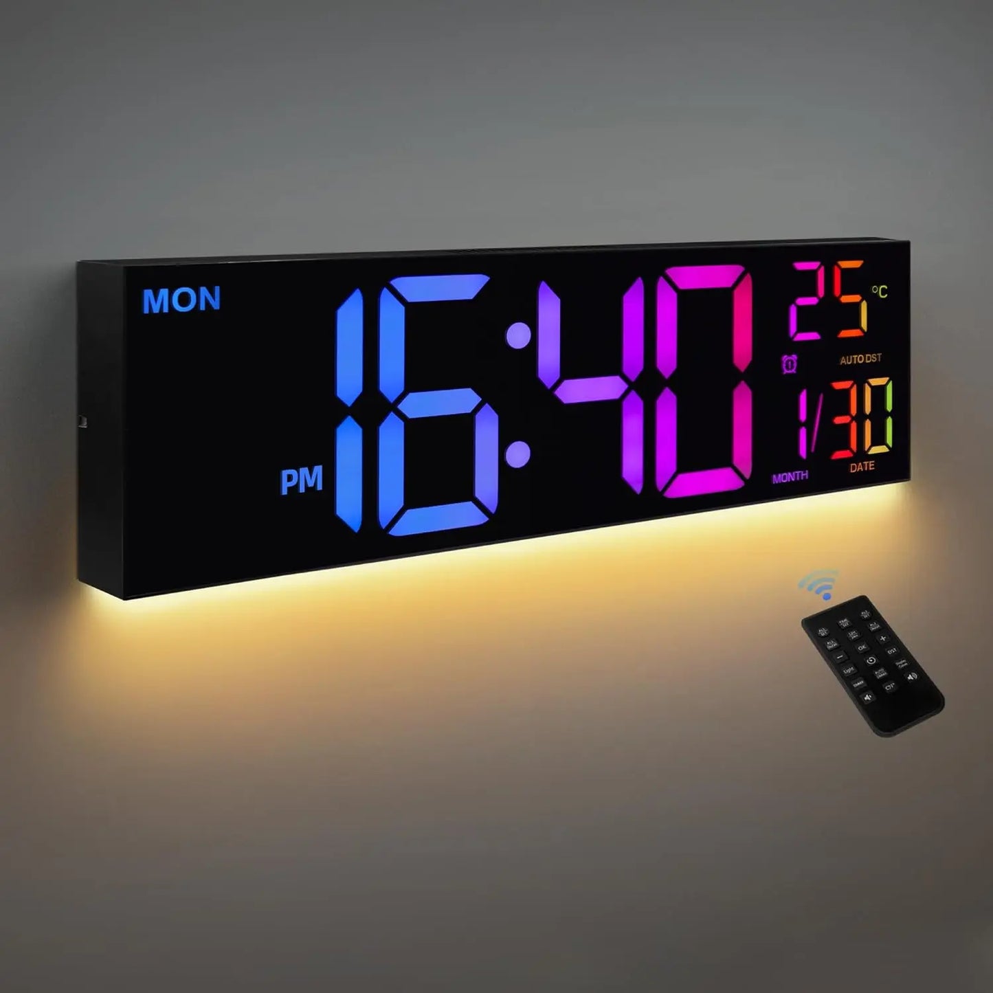 8 Colors Digital Wall Clock 16.2" Large Digital Clock with Temperature Date Auto DST Night Light Auto Brightness Dimmer