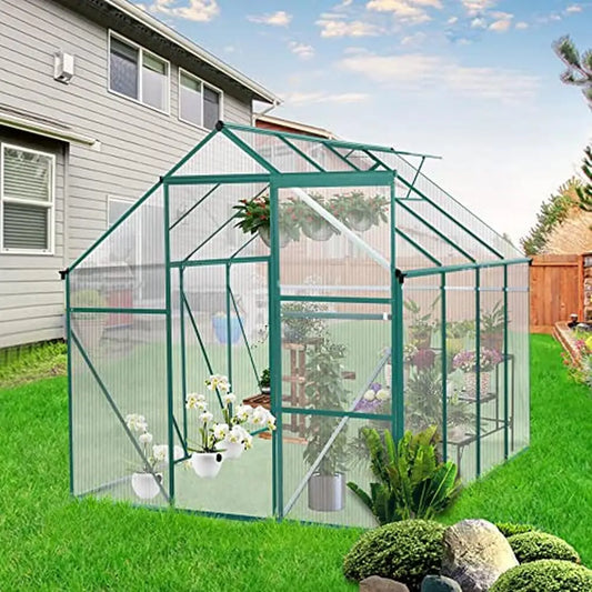 Heavy Duty Polycarbonate Greenhouse 6x8 FT Walk-in Hobby Storage Shed Sliding Doors Adjustable Roof Vent Snow Load 20 lbs