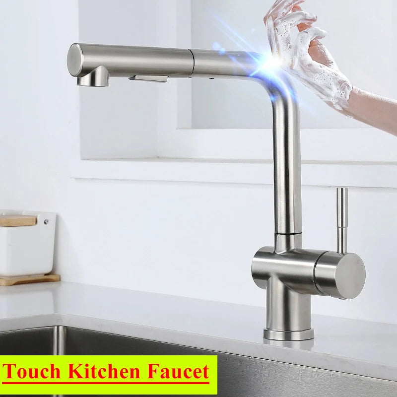 White Touch Kitchen Sink Faucets Hot Cold Pull Out Kitchen Sink Mixer Tap 304 Stainless Steel Sensor Touch on Kitchen Faucet