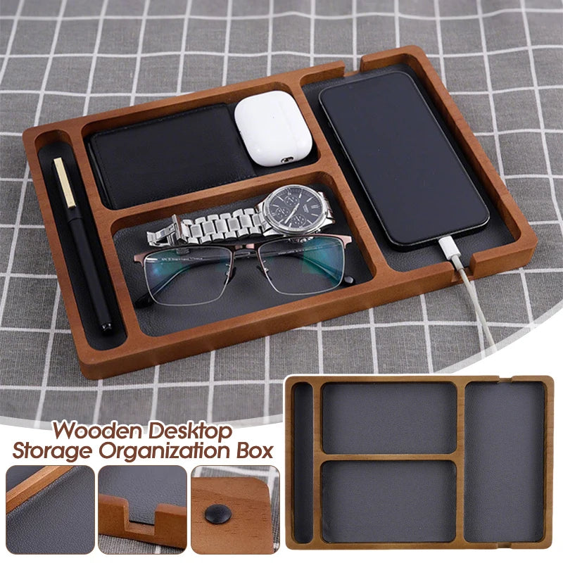Wooden Desktop Storage Organizer Box With Compartments Home Office Glasses Mobile Phone Earphones Sundries Storage Box