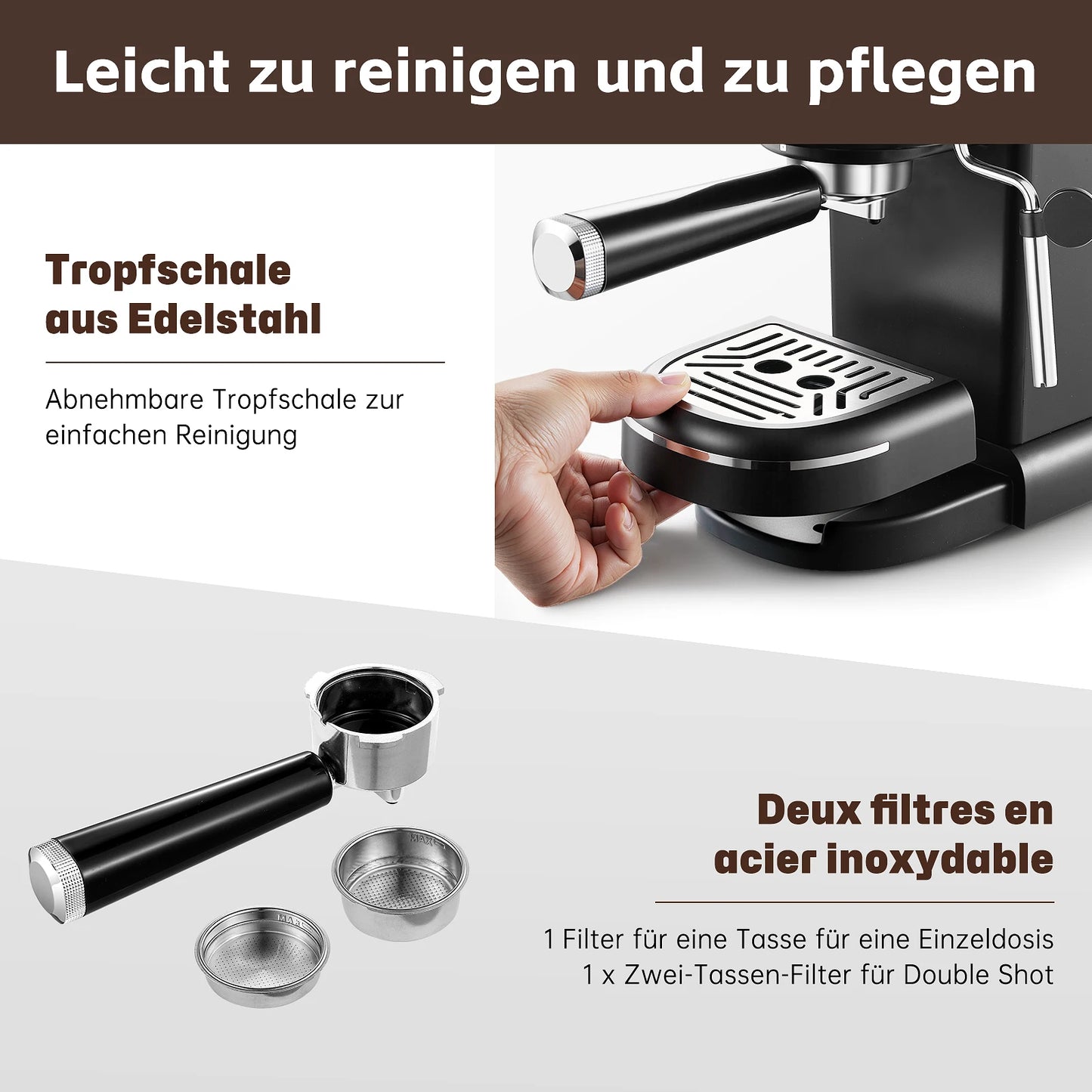 15 Bar 1.2L Removable Tank, Compact Cappuccino/Latte Maker, Stainless Steel, 1100W, Black Espresso Coffee Maker Machine