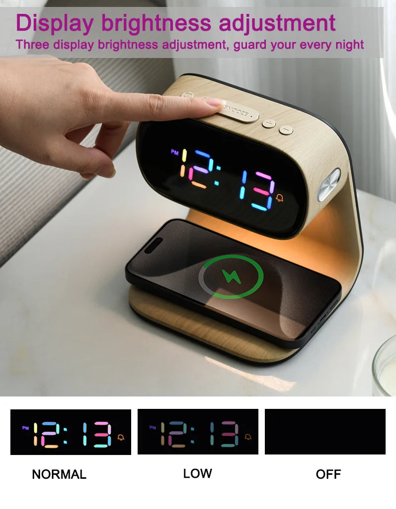 Multifunctional alarm clock with night light, wireless charging clock, holiday couple gift, three brightness adjustment clock