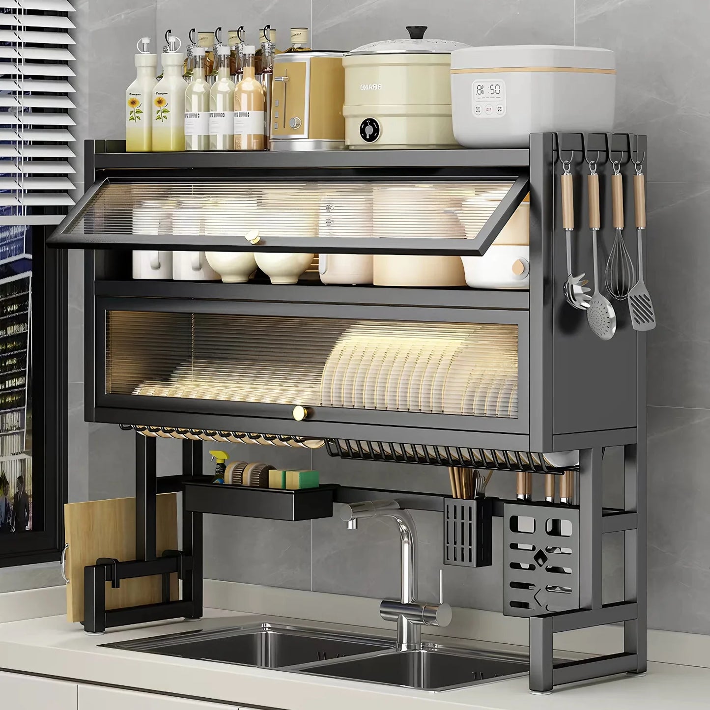 Sink Dish Rack Cabinet Organizer with Utensil Holder Scalable Adjustable Drain Rack Tabletop Plates/Bowl/Cutting Board Organizer