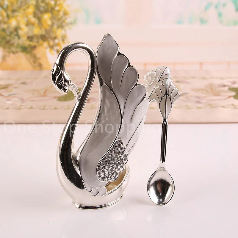 Creative Dinnerware Set Swan Base Holder Decorative Stainless Steel with 6 Spoons for Coffee Fruit Dessert Stirring Mixing