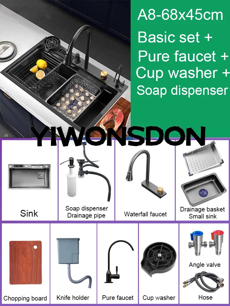 Multifunction Black Nano Kitchen Sink Waterfall Faucet Large Single Bowl Cup Washer Pure Tap Soap Dispenser 304 Stainless Steel