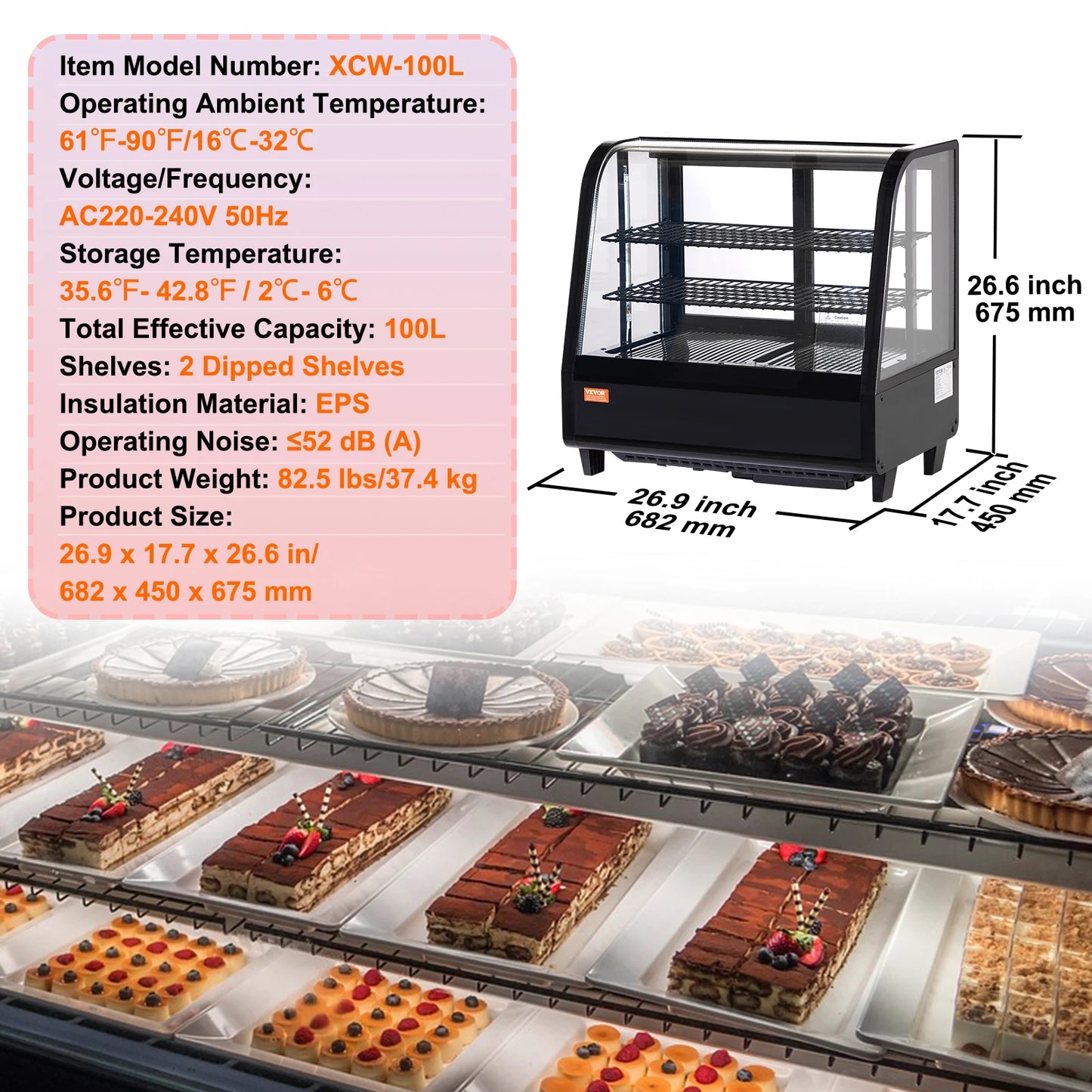 SucceBuy 3.5/4.2/5/9.8 cft Refrigerated Display Case Large Commercial Pastry Display Refrigerator with LED Lighting for Bakery