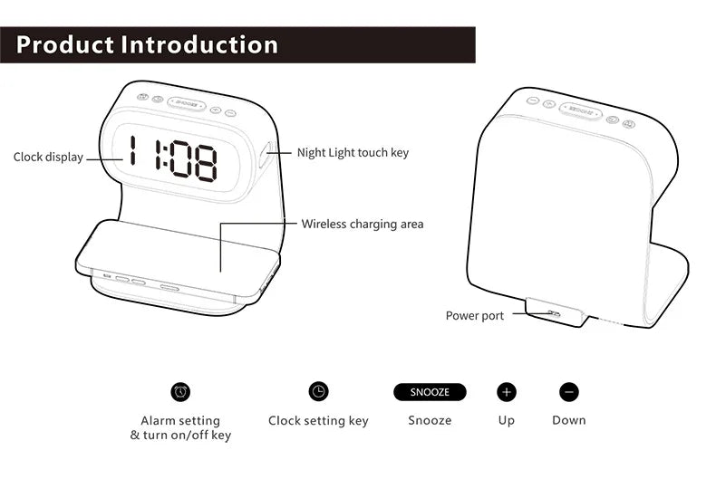 Multifunctional alarm clock with night light, wireless charging clock, holiday couple gift, three brightness adjustment clock