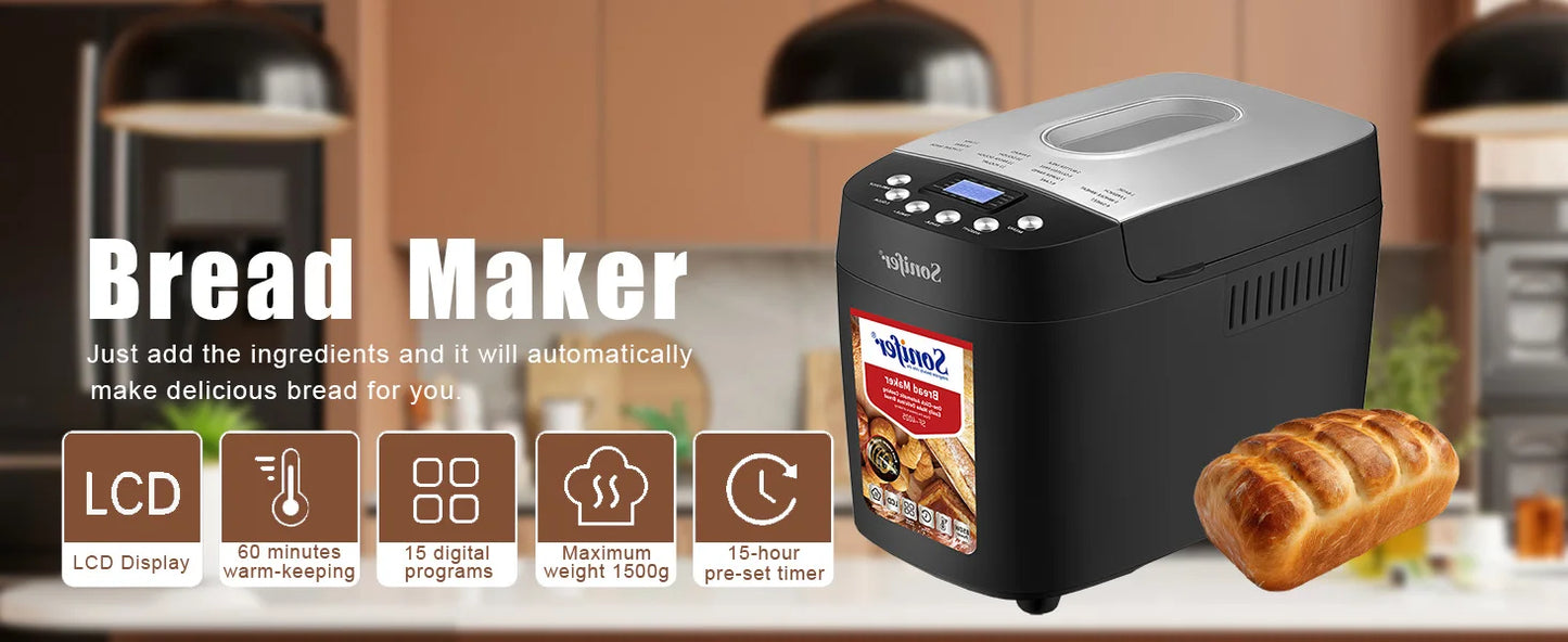 Sonifer 1500g Automatic Bread Maker SF-4025, Dual Kneading Hooks, 15 Programs, 15H Timer, 3 Crust Settings, Keep Warm