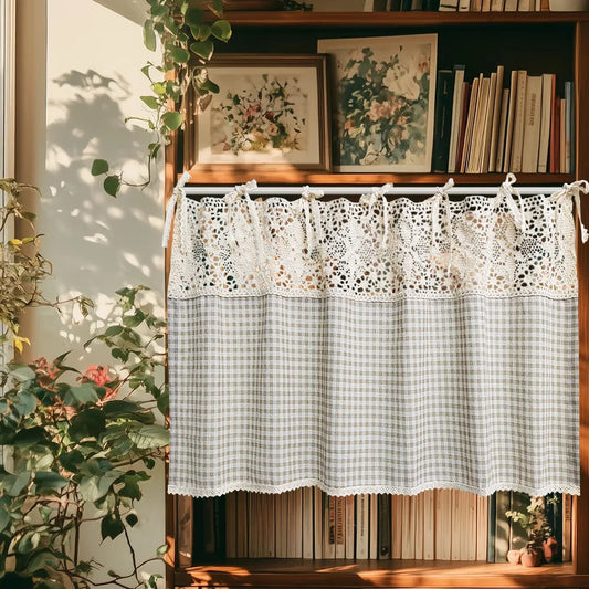 American Crochet Hollow Flower Splicing Checked Short Curtain for Kitchen Small Window Rustic Window Decoration Tie Cafe Curtain