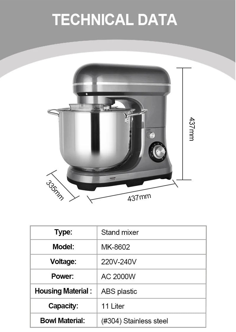 Home Stand Mixer High Power Capacity 2000W 11L Cake Bread Dough Mixer Planetary Electric Home Kitchen Appliance Food Mixer