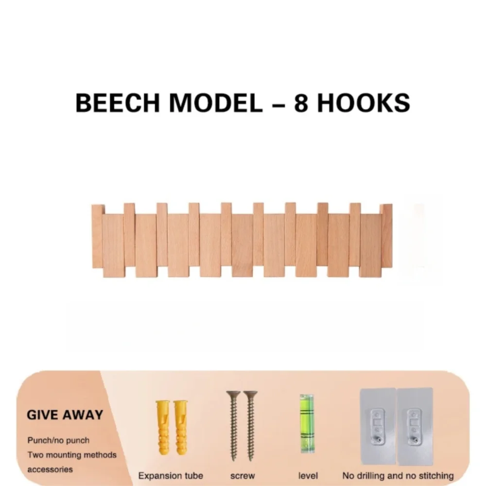 New Wall Mounted Wood Coat Racks with 8 Hooks Art Entry Door Porch Hanging Hook Piano Key Shaped Clothes Hook Home Decor