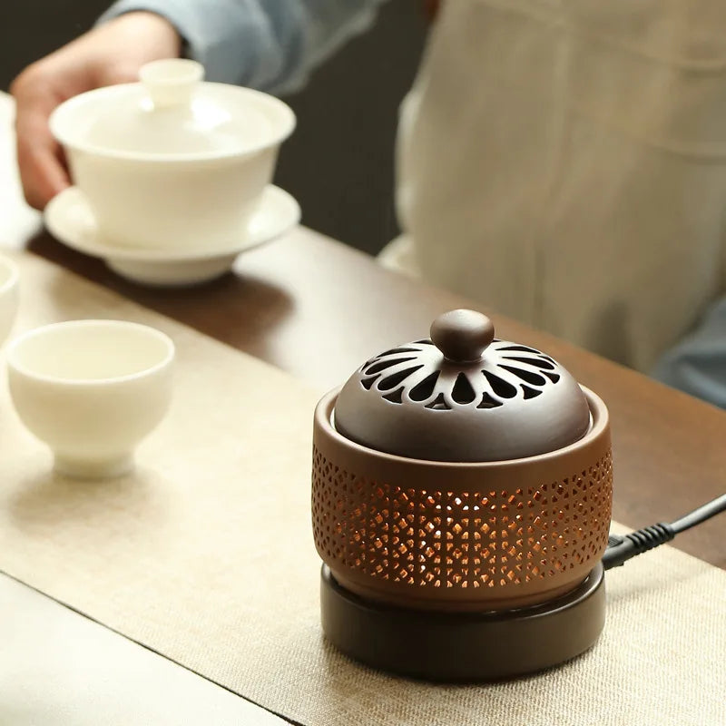 Sandalwood Timed Electronic Incense Burner Set 110V/220V OUD Essential Oil Night Light Household Tea Warmer Stove for Home Decor