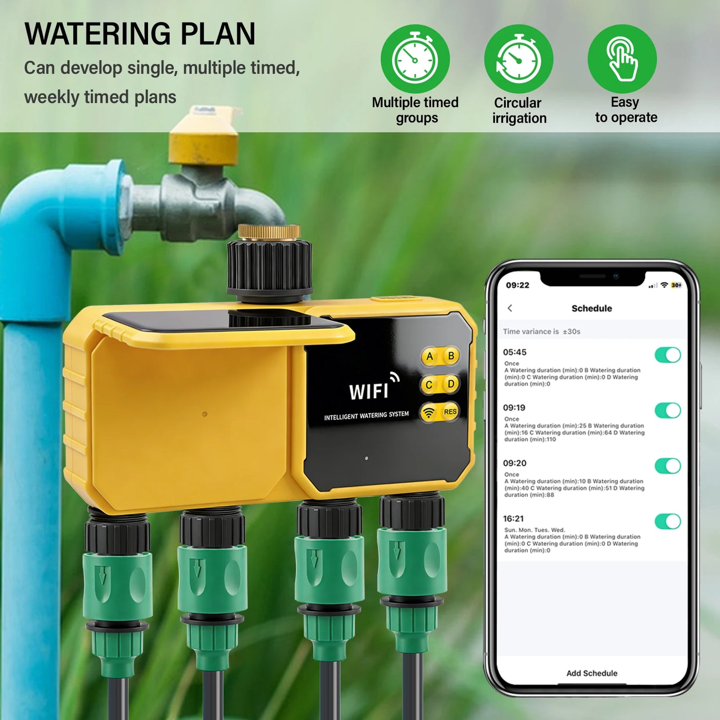 Solar WiFi 4-Zone Smart Water Timer
Solar-powered, app-controlled, 4 independent zones. Rain sensor auto-skips watering. IPX6 waterproof. Perfect for gardens & lawns.