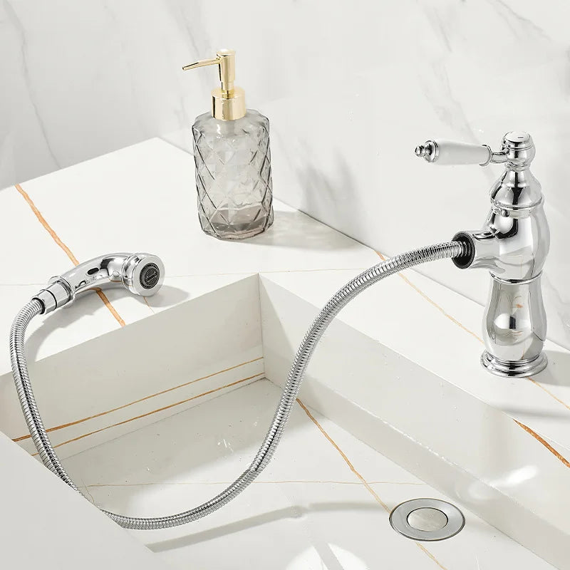 Pull-Out Ceramic Handle Basin Faucet Brass pull-out mixer tap with ceramic handles. Smooth operation, modern design, easy to clean.
Perfect for bathroom sinks, washbasins, or vanities.