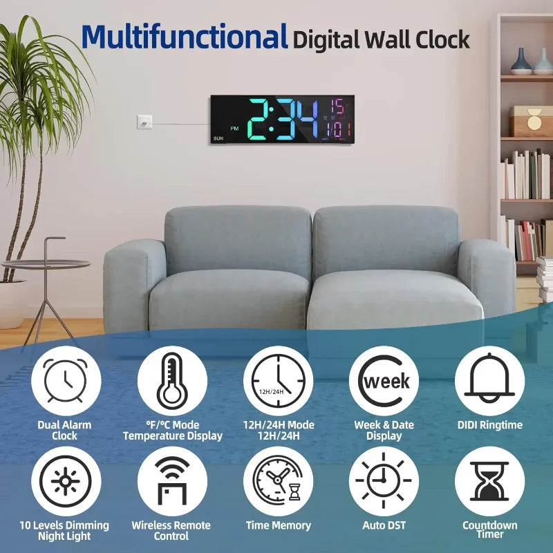 16.2'' Large Digital Wall Clock with Remote Control Big LED/Dual Alarm/8 RGB Colors Alarm Electronic Watch
