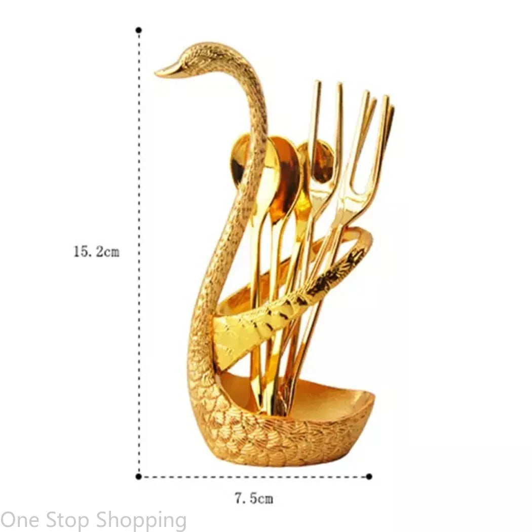 Creative Dinnerware Set Swan Base Holder Decorative Stainless Steel with 6 Spoons for Coffee Fruit Dessert Stirring Mixing