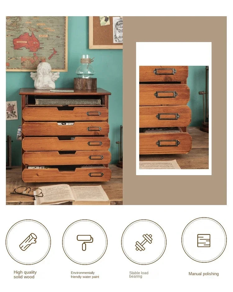 Retro Wooden File Storage Box Office Jewelry Box A4 File Drawers Desktop Sorting Cabinet For Dressing Table Functional Organizer