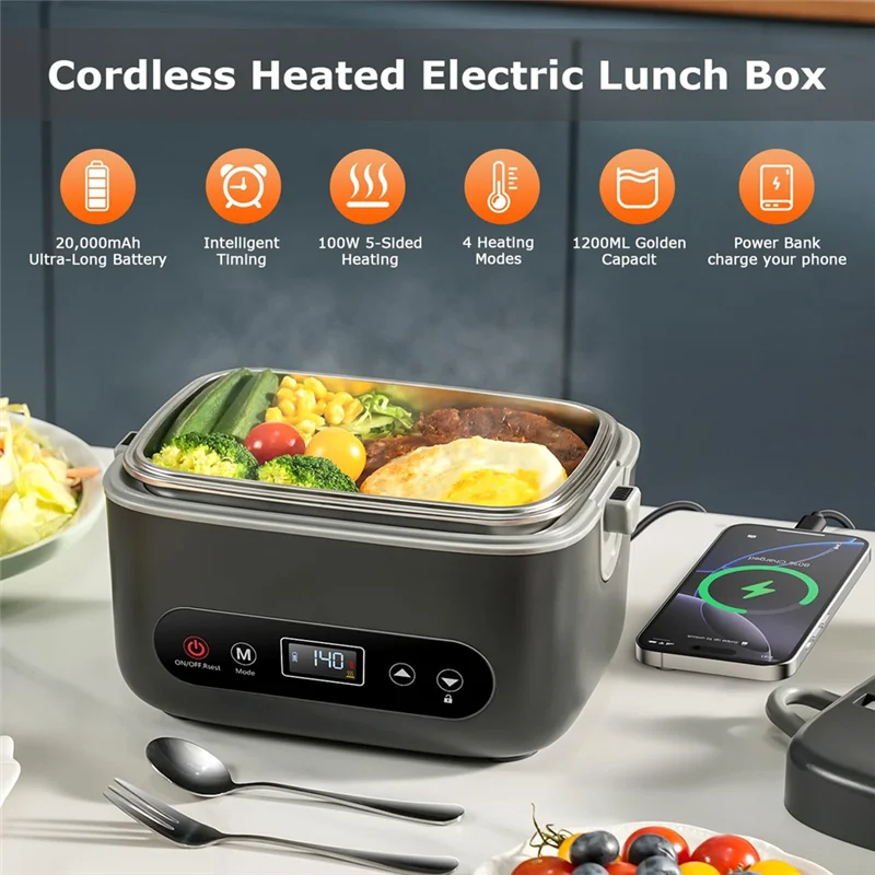 B89B-1.2L Cordless Electric Lunch Box - 20000Mah Rechargeable Portable Food Warmer With 5-Sided Heating, For Office,Outdoors