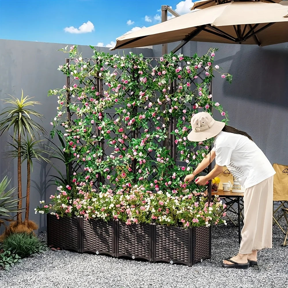 Vine woven brown checkered garden bed - movable large flower box - with supporting climbing plant poles - planting vegetables