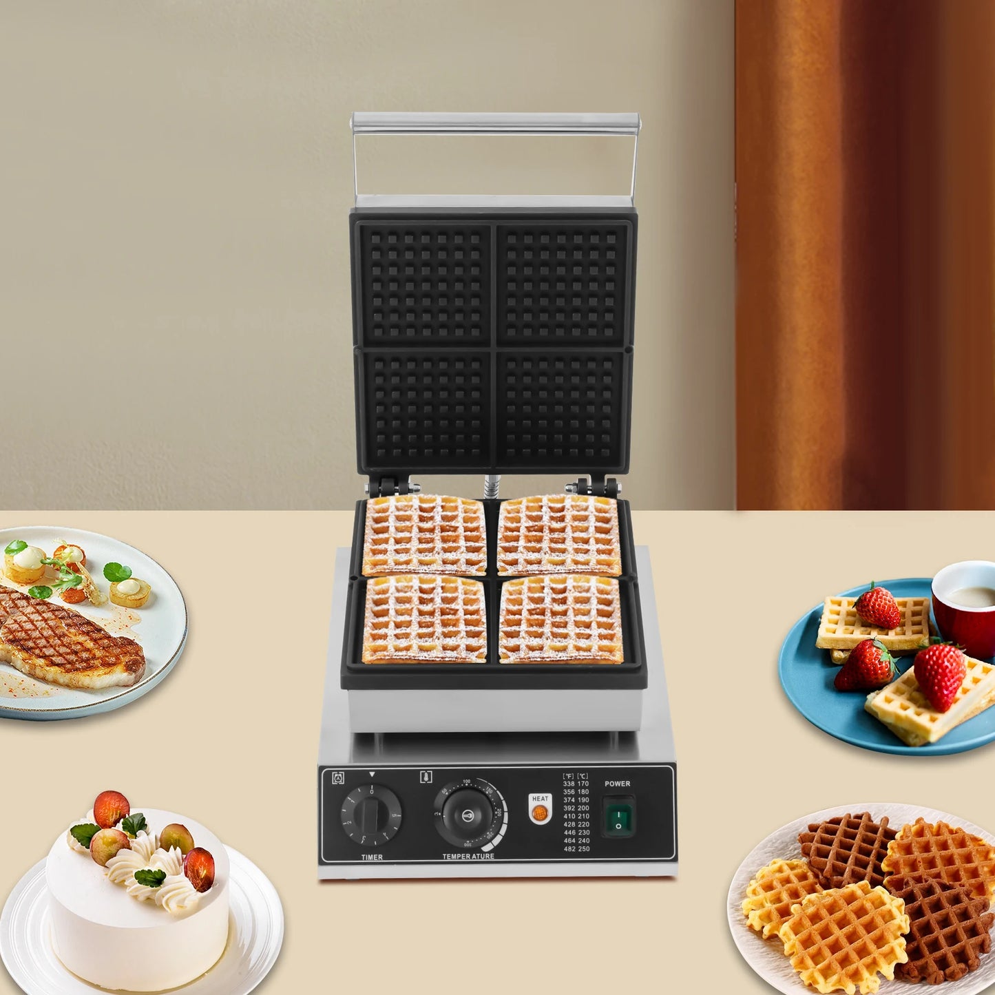 1750W Electric Waffle Maker 4 Grids Waffle Making Machine for Making Waffles Home Kitchens Commercial 50-300℃