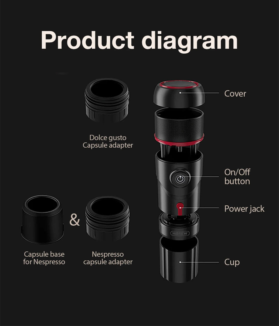HiBREW Portable Coffee Machine for Car & Home Expresso Coffee Maker Nexpresso Dolce Pod Capsule Coffee Powder H4 Basic Version