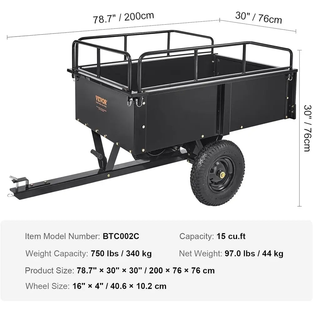 Sturdy Steel Dump Cart Trailer, 750 lbs Capacity, 15 Cubic Feet, Utility Yard Trailer with Removable Sides for Lawn Mowers and T