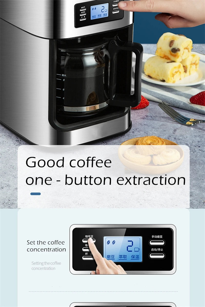 Fully automatic American coffee machine，Coffee beans or powder can be used，Electric grinding drip coffee machine 2-in-1
