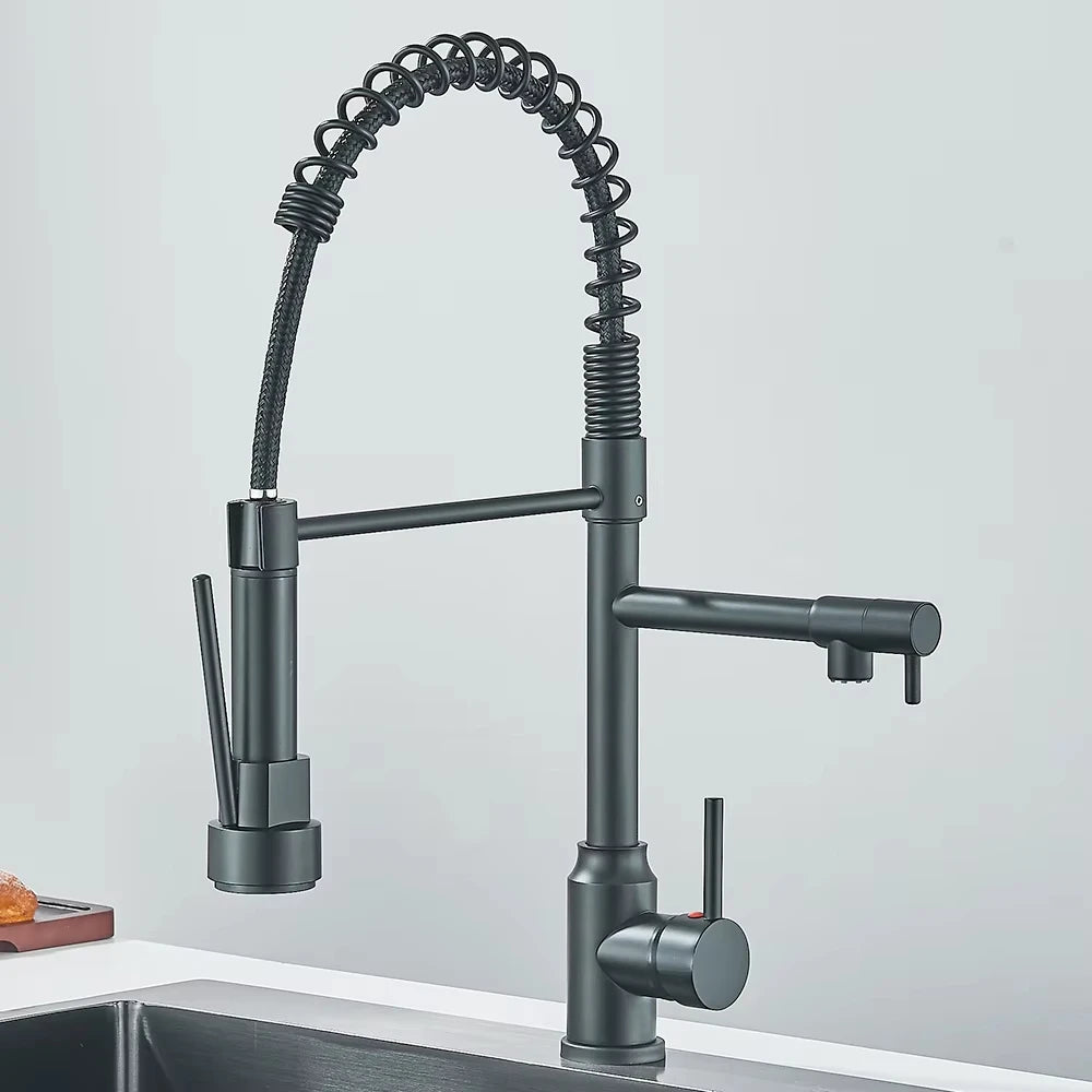 Grifo de cocina extraíble de resorte plateado/negro, mezclador monomando de agua fría y caliente, grifo de doble caño
