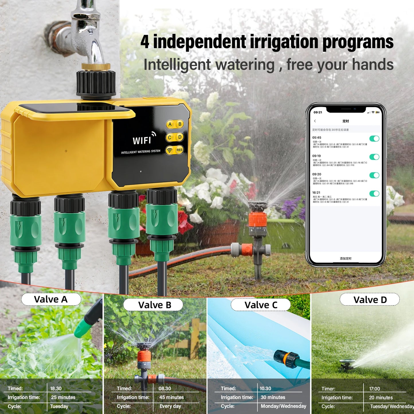 Solar WiFi 4-Zone Smart Water Timer
Solar-powered, app-controlled, 4 independent zones. Rain sensor auto-skips watering. IPX6 waterproof. Perfect for gardens & lawns.
