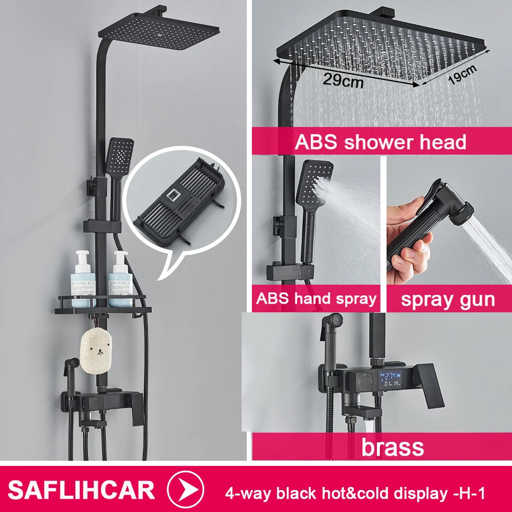 Black Display Thermostatic Shower Faucet Set Rainfall Bathtub Tap With Bathroom Shelf Water Flow Produces Electricity