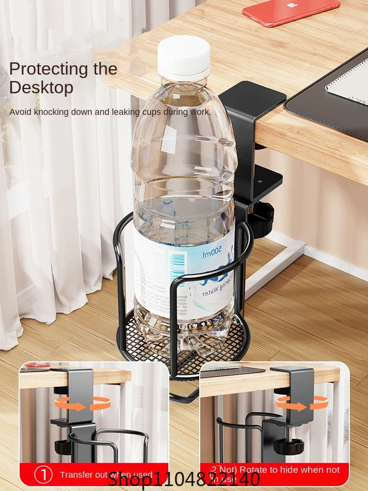 2 in 1 No Drill Desk Cup Holder Adjustable Upgraded Arm Clamp Stand 360 Degree Rotating Table Edge Clamp Anti-Fall Cup Holder