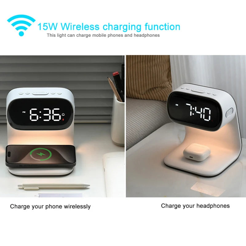 Multifunctional alarm clock with night light, wireless charging clock, holiday couple gift, three brightness adjustment clock