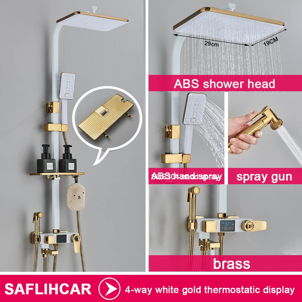 Black Display Thermostatic Shower Faucet Set Rainfall Bathtub Tap With Bathroom Shelf Water Flow Produces Electricity