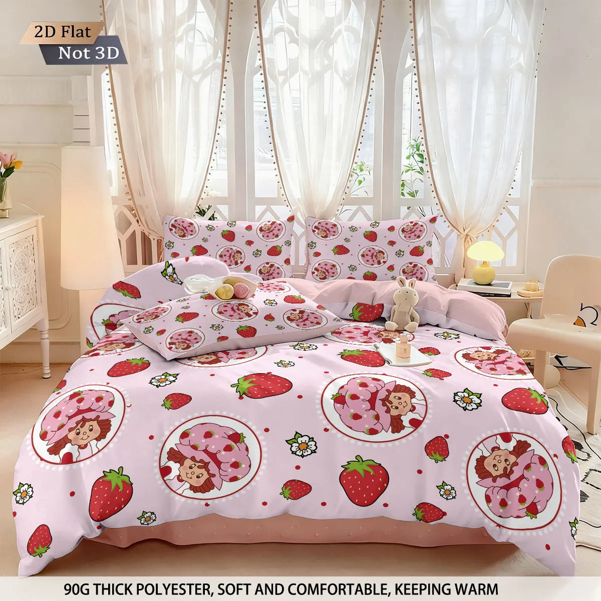 3pcs Pink Strawberry Girl Printed Down Duvet Cover Set, Multi Size Bedroom Bedding Decoration, Machine Washable