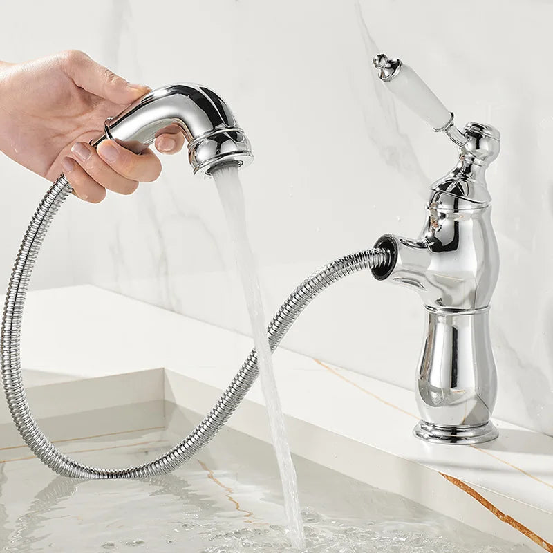 Pull-Out Ceramic Handle Basin Faucet Brass pull-out mixer tap with ceramic handles. Smooth operation, modern design, easy to clean.
Perfect for bathroom sinks, washbasins, or vanities.