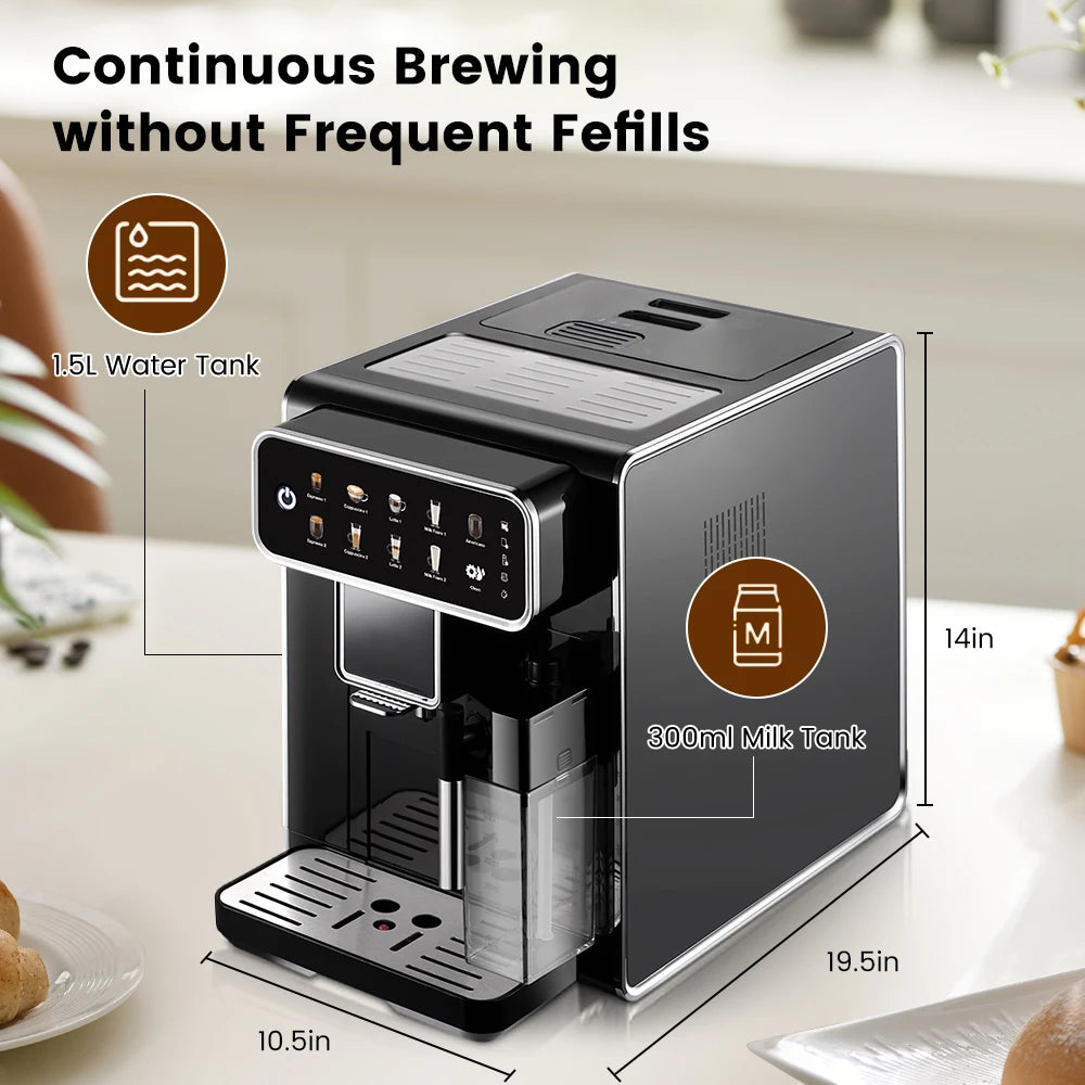AM7203 Automatic Espresso Machine Features built-in milk frother and water tank, touchscreen control, and 7 coffee varieties. Perfect for easy, café-style drinks at home.