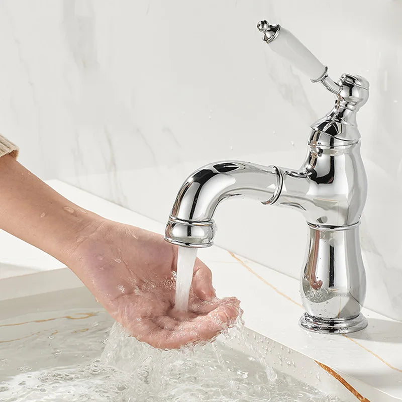 Pull-Out Ceramic Handle Basin Faucet Brass pull-out mixer tap with ceramic handles. Smooth operation, modern design, easy to clean.
Perfect for bathroom sinks, washbasins, or vanities.