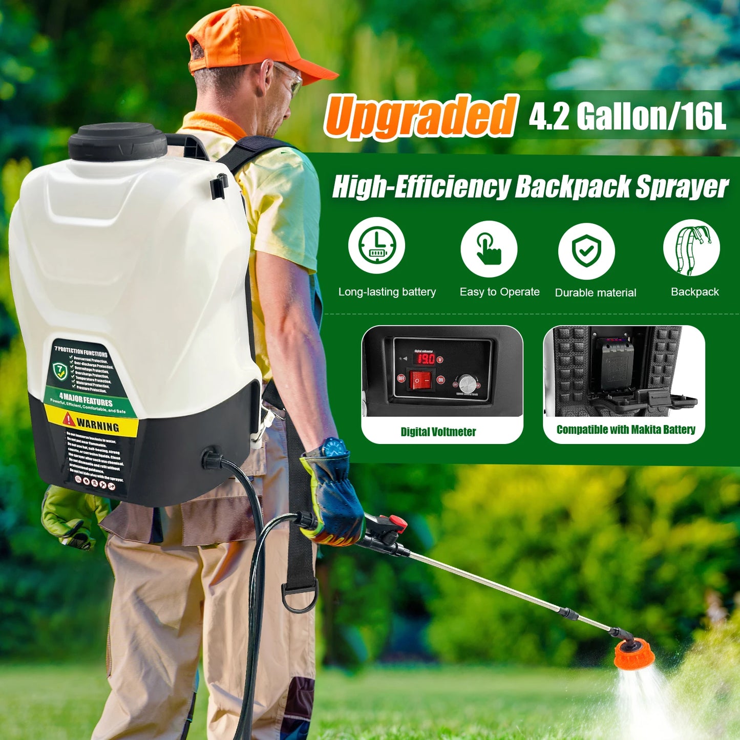 4-Gallon Battery-Powered Backpack Sprayer 16L capacity, 75 PSI electric pump. Includes 2.5Ah battery + charger. Lightweight, powerful for gardens, lawns, weeds, or pest control.