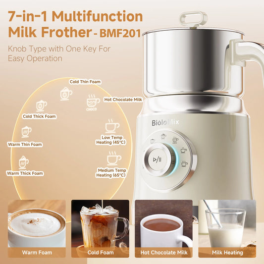 BioloMix 7-in-1 Steamer Detachab Electric Milk Frother Automatic Hot/Cold Foam Maker for Coffee, Hot Chocolate Dishwasher Safe