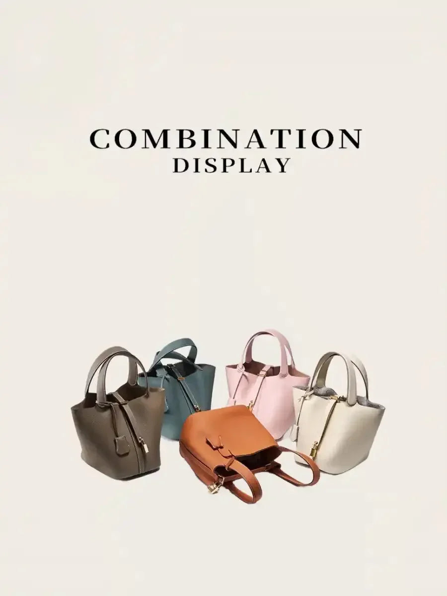 Women’s Leather Bucket Handbag A soft, stylish summer essential featuring a modern basket design with a convenient mobile phone pocket.