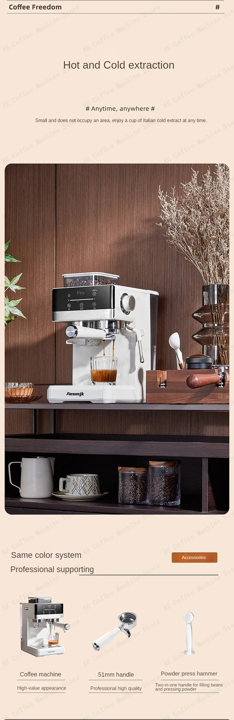 Semi-automatic Grinding and Extraction Espresso Machine, Steam milk espresso coffee machine, Can Extract Cold/hot Coffee