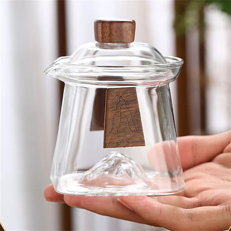 Bottom Mountain View Heat-resistant Glass Gaiwan Tea Tureen With Scald Proof Wood Chips Kung Fu Tea Set Tea Cup and Bowl Teaware
