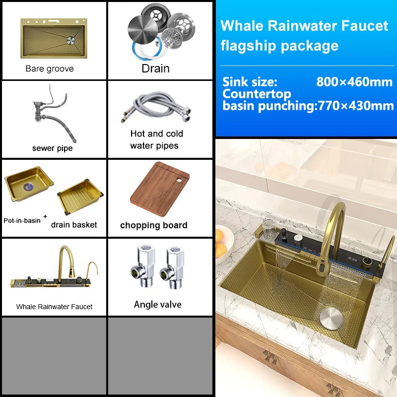 Extra Large Stainless Steel Waterfall Kitchen Sink Embossed Single Solt Digital Display Multifunctional Dishwashing Sink