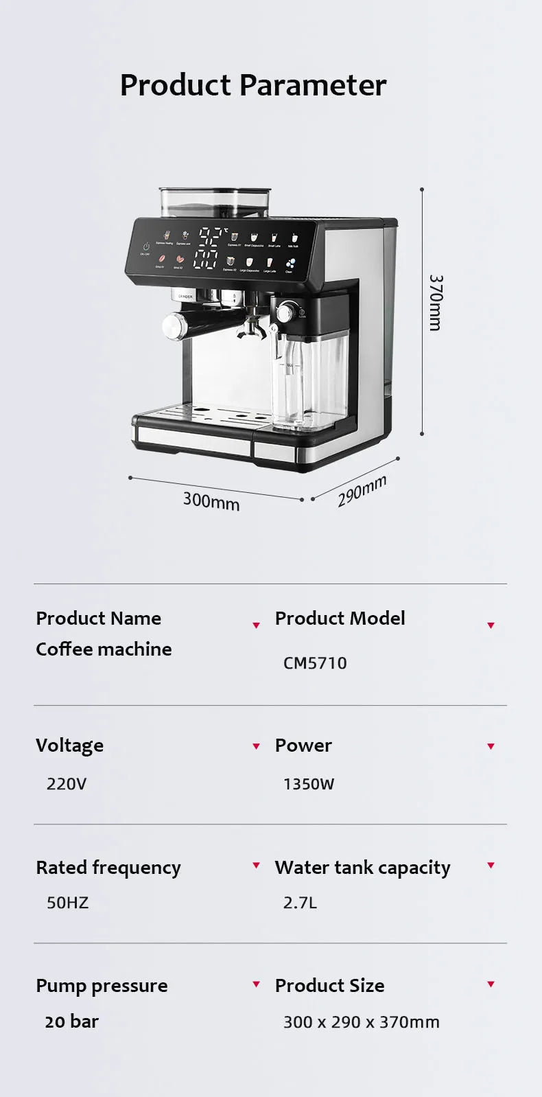 220V Semi-automatic Italian Coffee Machine With Grinding Function Espresso Coffee Maker Home Use Commercial Coffee Machine