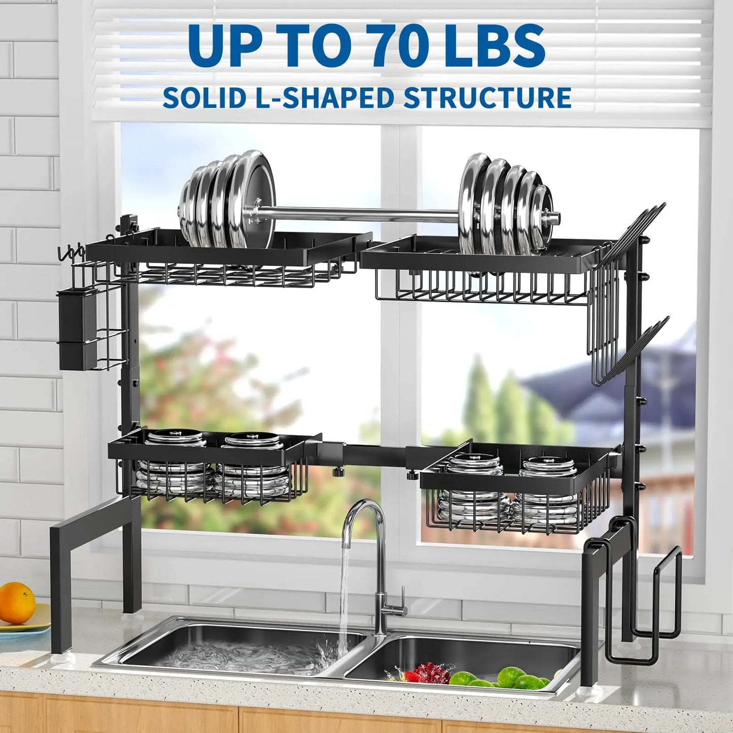 Over-the-Sink Dish Drying Rack – Expandable 2-Tier Stainless steel design with utensil holder. Space-saving, durable, and perfect for organized kitchen drying.