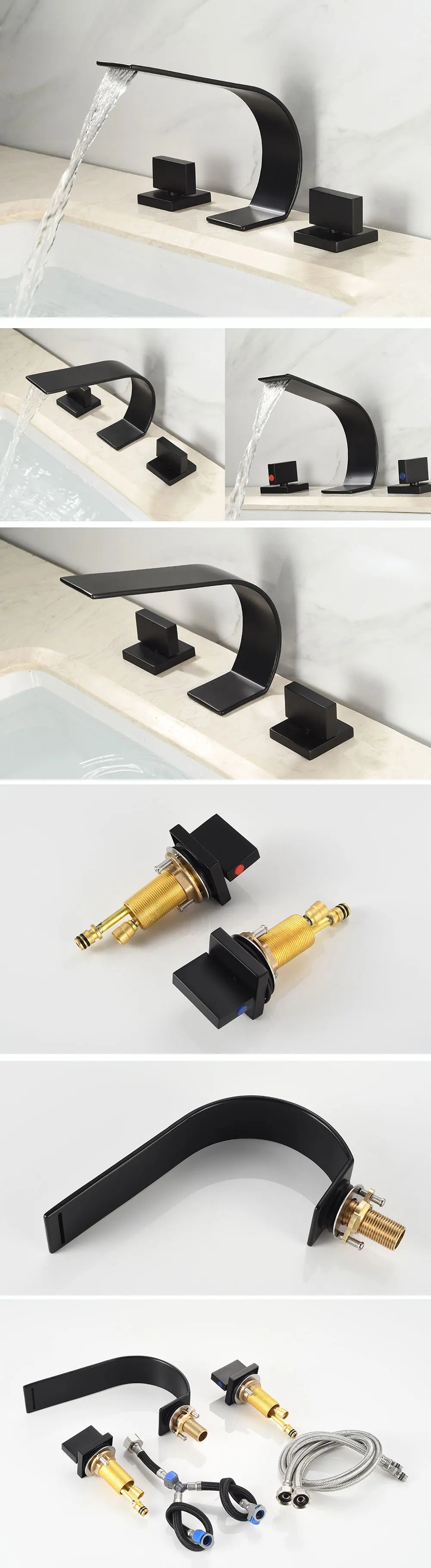 BAKALA 3 Pieces Brush And Gold Deck Mounted Waterfall Wide Spout Double Handles Bath Bathtub Faucet Bathroom Mixer Tap