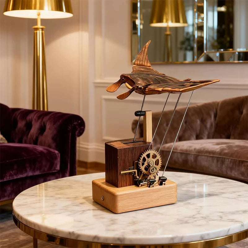 Artisan Wooden Manta Ray Automaton – Handcrafted Kinetic Décor Hand-cranked mechanical design with a DIY puzzle build. Unique ocean-inspired ornament perfect for display or gifting.